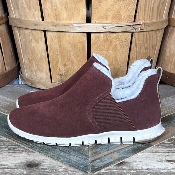 Cole Haan ZeroGrand Rust Red Suede Slip-On Fur Wool Ankle Booties Women Size 6.5 - Picture 2 of 11